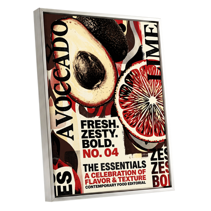 Zesty Essentials, black, beige, red abstract wall art shown as a silver framed canvas wall art