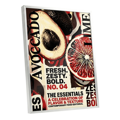 Zesty Essentials, black, beige, red abstract wall art shown as a silver framed poster wall art print