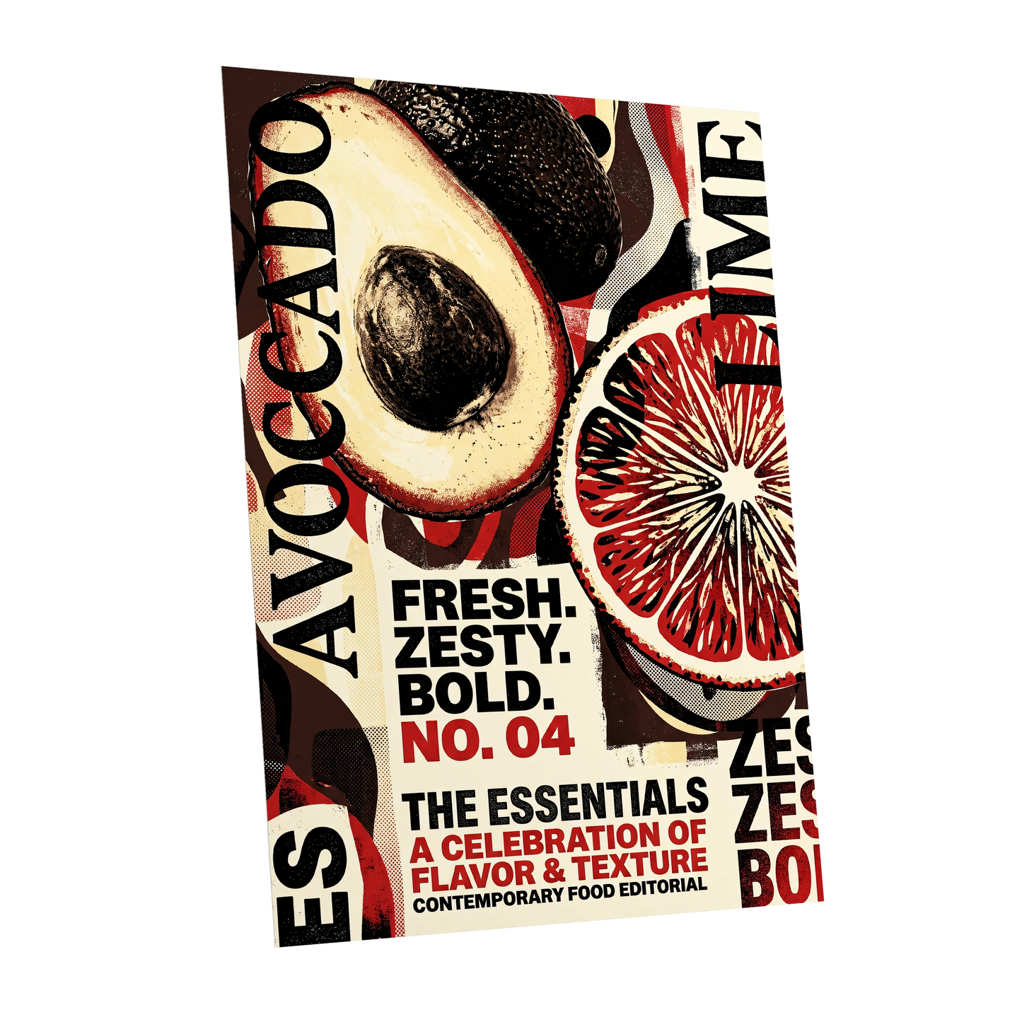 Zesty Essentials, black, beige, red abstract wall art shown as a unframed poster wall art print