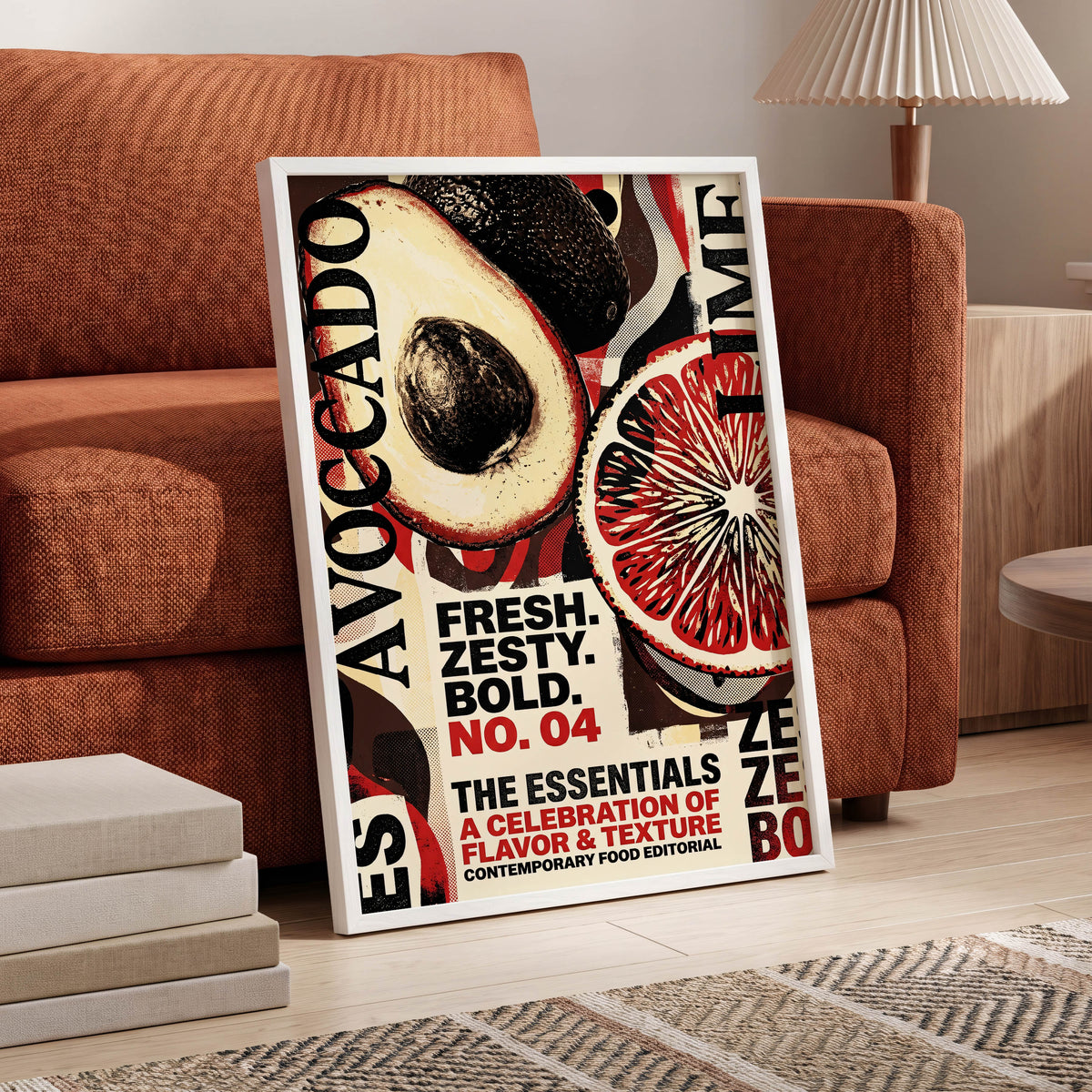 Zesty Essentials, black, beige, red abstract wall art displayed in a styled interior, gallery view 5