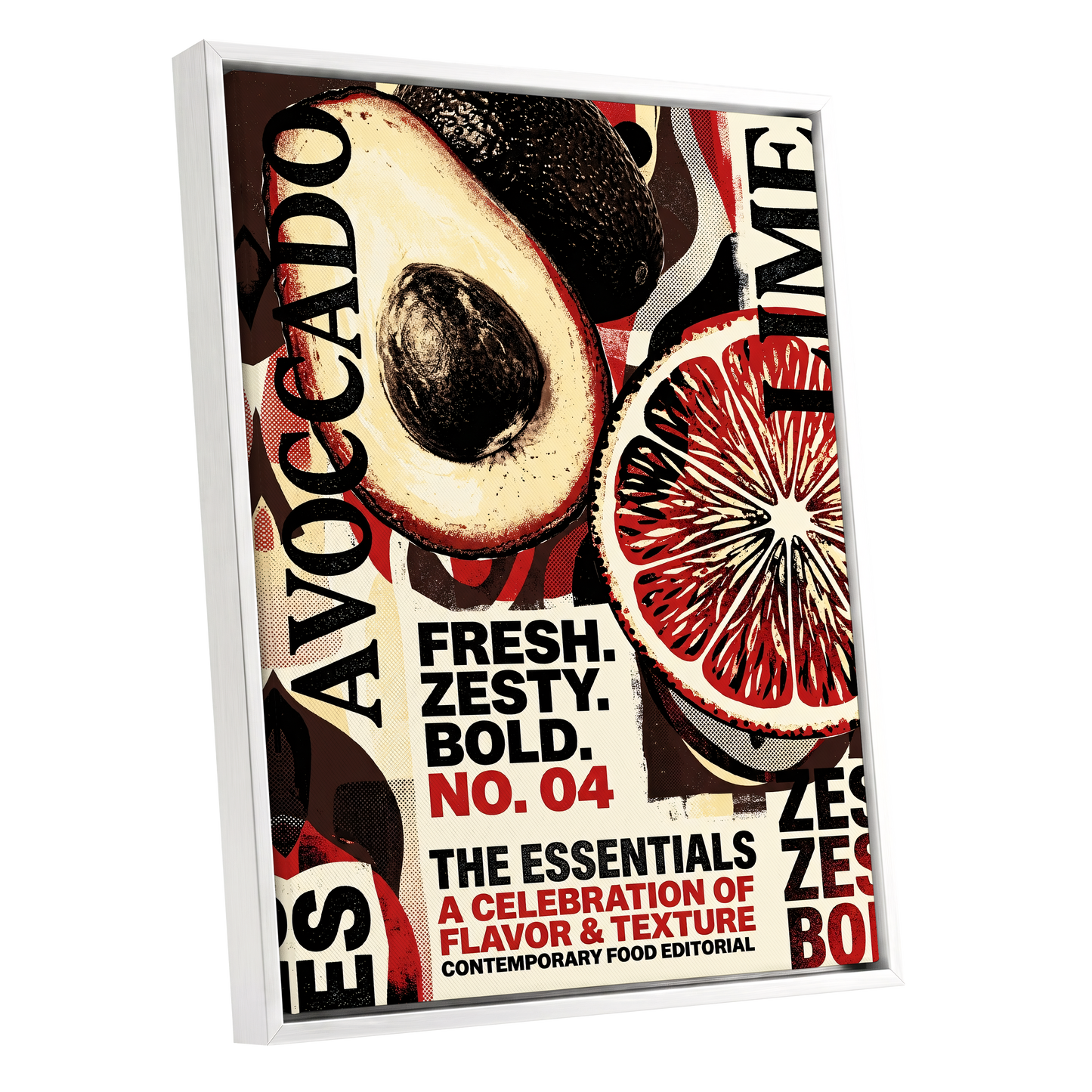 Zesty Essentials, black, beige, red abstract wall art shown as a white framed canvas wall art