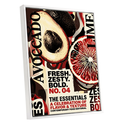Zesty Essentials, black, beige, red abstract wall art shown as a white framed canvas wall art