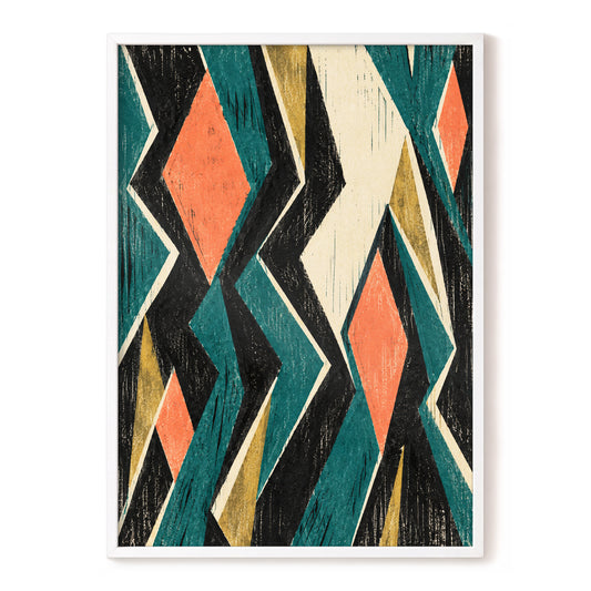 Zigzag Reverie, black, blue, beige abstract wall art, front artwork view