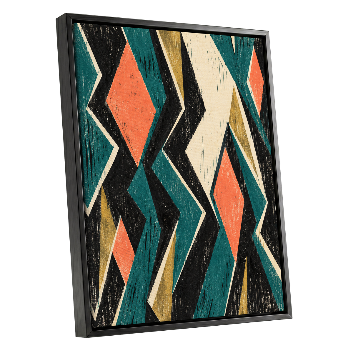 Zigzag Reverie, black, blue, beige abstract wall art shown as a black framed canvas wall art