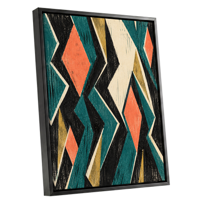 Zigzag Reverie, black, blue, beige abstract wall art shown as a black framed canvas wall art