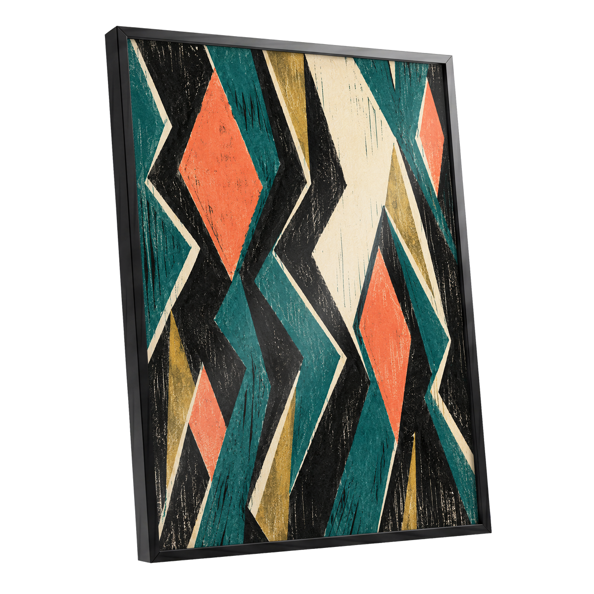 Zigzag Reverie, black, blue, beige abstract wall art shown as a black framed poster wall art print