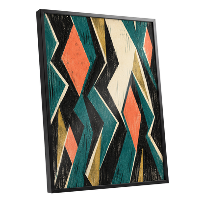 Zigzag Reverie, black, blue, beige abstract wall art shown as a black framed poster wall art print