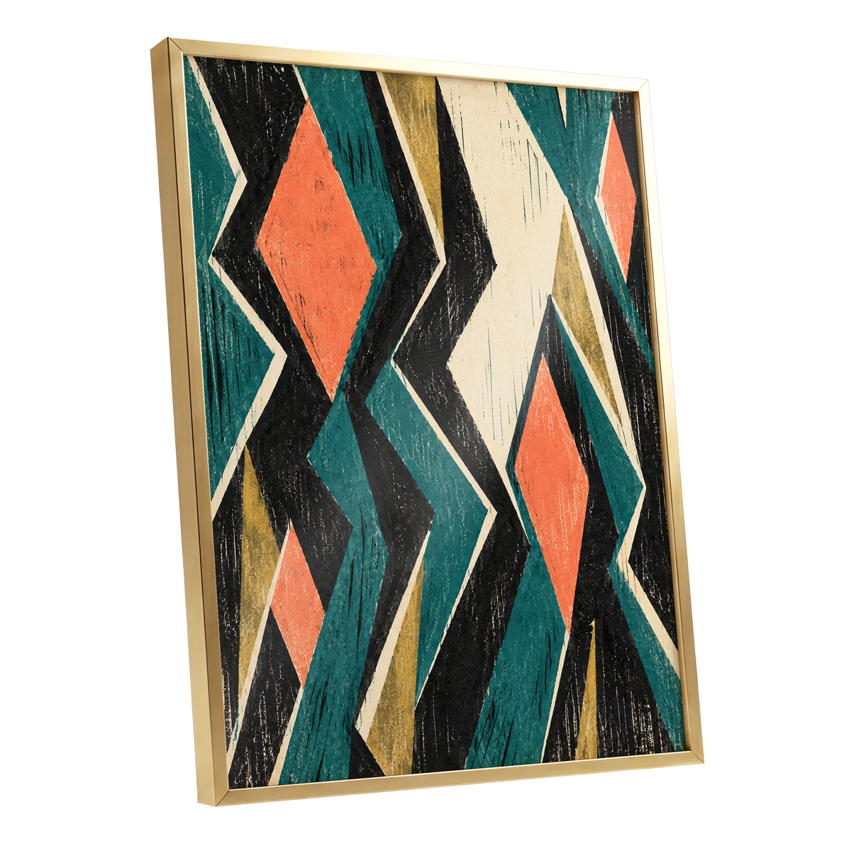 Zigzag Reverie, black, blue, beige abstract wall art shown as a gold framed poster wall art print
