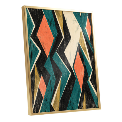 Zigzag Reverie, black, blue, beige abstract wall art shown as a gold framed poster wall art print