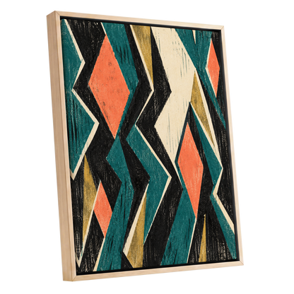 Zigzag Reverie, black, blue, beige abstract wall art shown as a oak framed canvas wall art