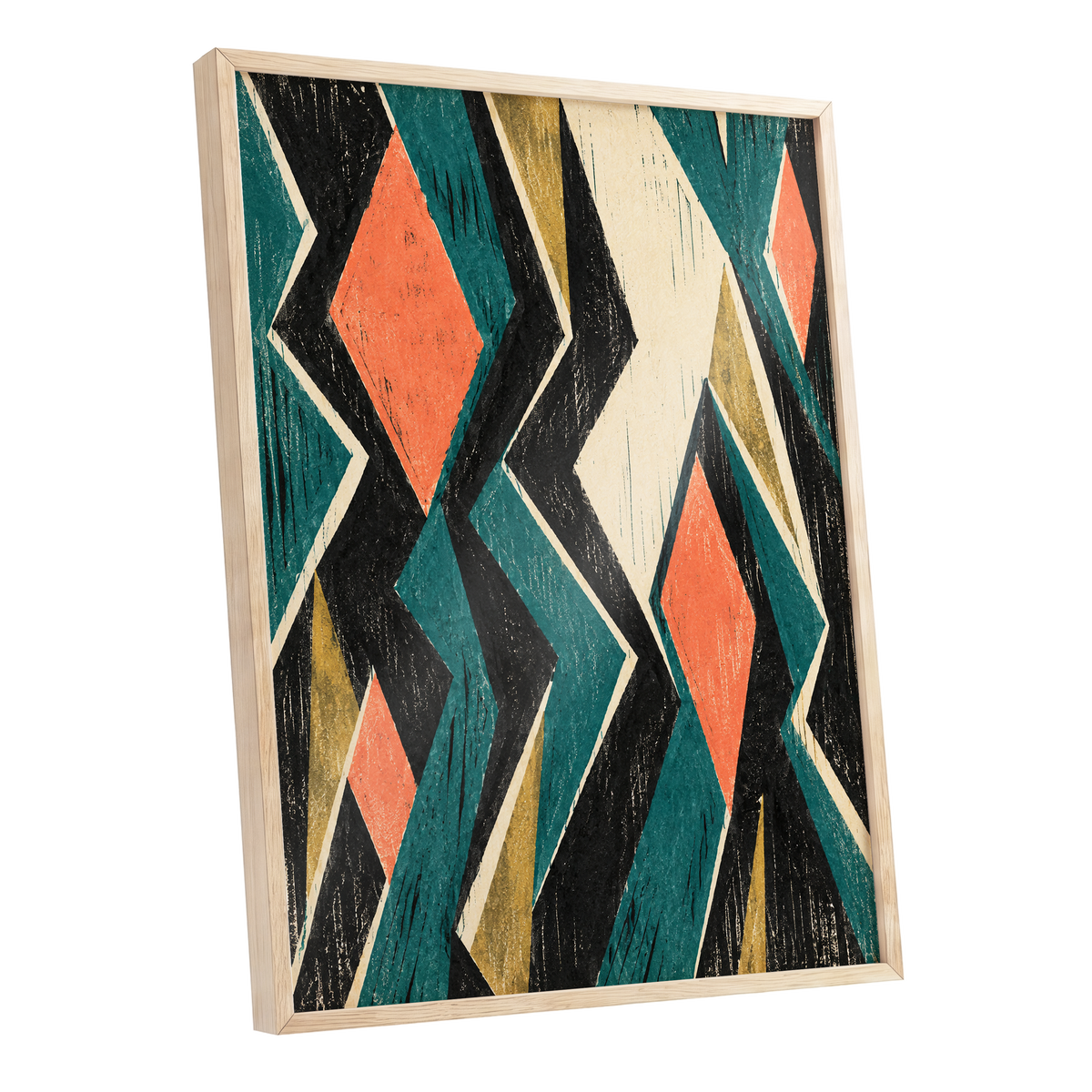 Zigzag Reverie, black, blue, beige abstract wall art shown as a oak framed poster wall art print