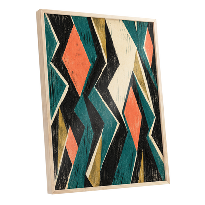 Zigzag Reverie, black, blue, beige abstract wall art shown as a oak framed poster wall art print