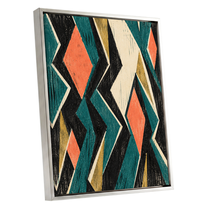 Zigzag Reverie, black, blue, beige abstract wall art shown as a silver framed canvas wall art