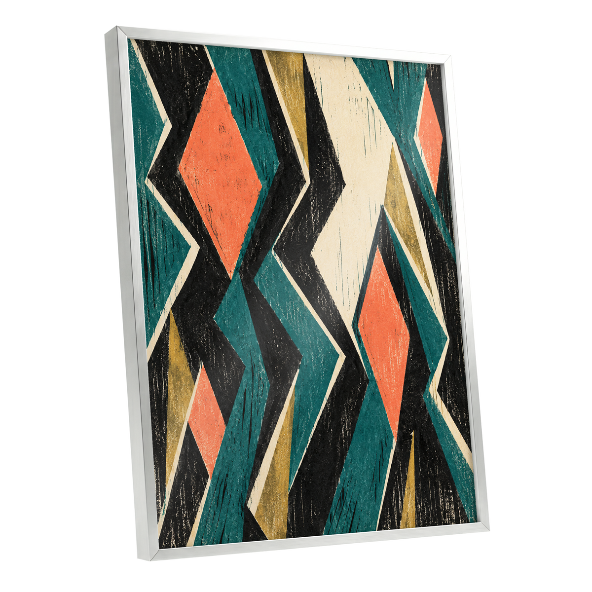 Zigzag Reverie, black, blue, beige abstract wall art shown as a silver framed poster wall art print