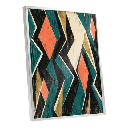 Zigzag Reverie, black, blue, beige abstract wall art shown as a silver framed poster wall art print