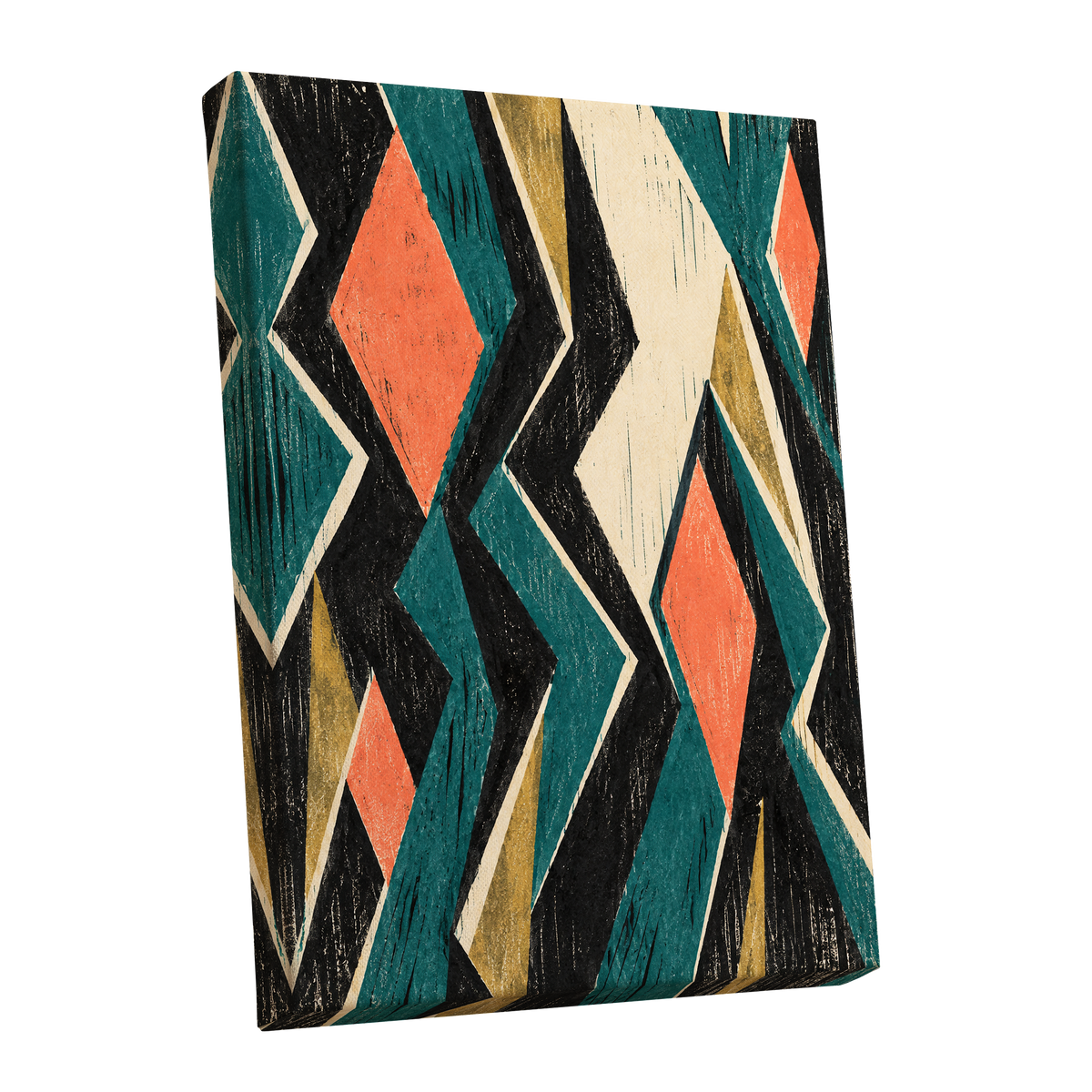 Zigzag Reverie, black, blue, beige abstract wall art shown as a stretched canvas wall art