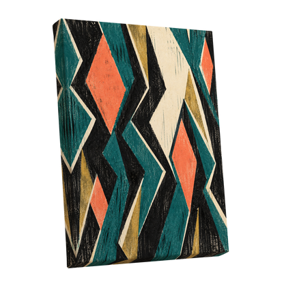 Zigzag Reverie, black, blue, beige abstract wall art shown as a stretched canvas wall art