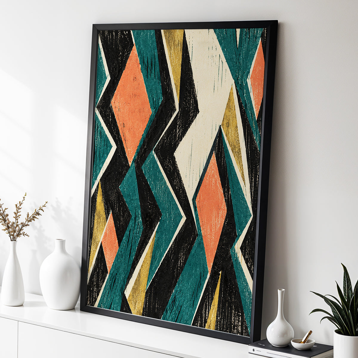 Zigzag Reverie, black, blue, beige abstract wall art displayed in a styled interior, gallery view 2