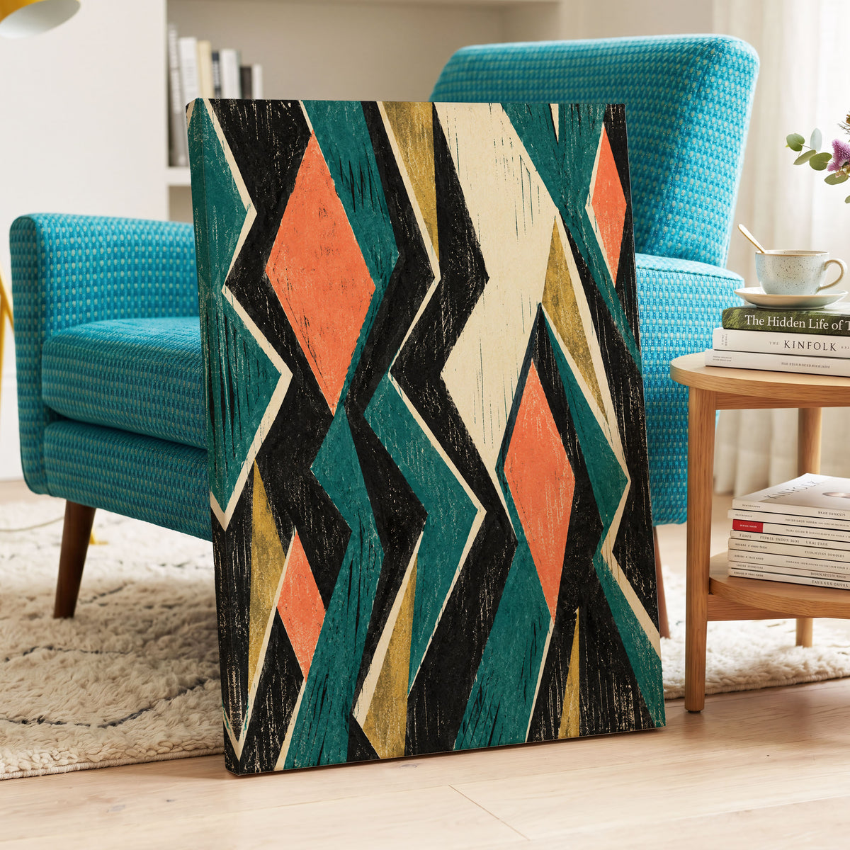 Zigzag Reverie, black, blue, beige abstract wall art displayed in a styled interior, gallery view 3