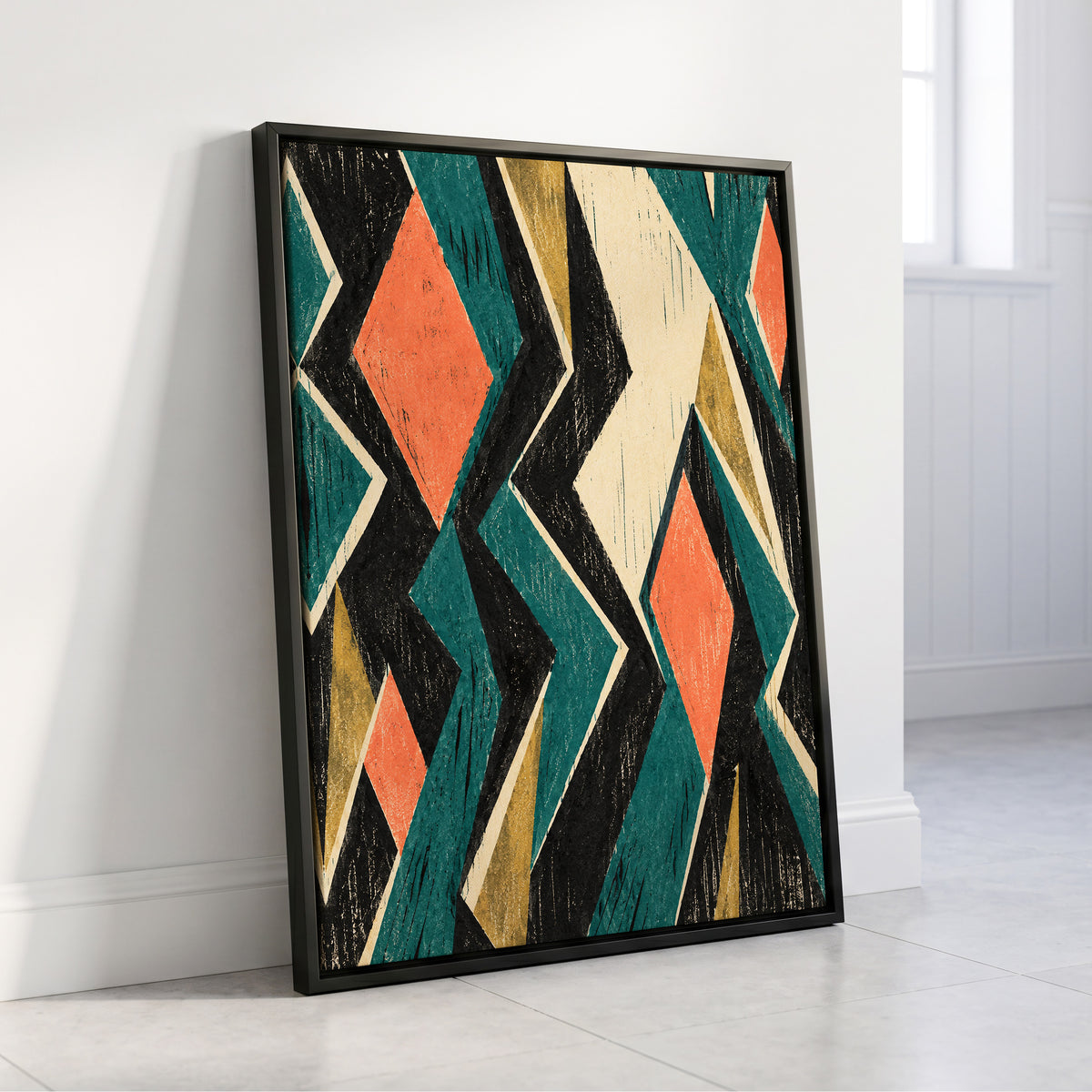 Zigzag Reverie, black, blue, beige abstract wall art displayed in a styled interior, gallery view 4