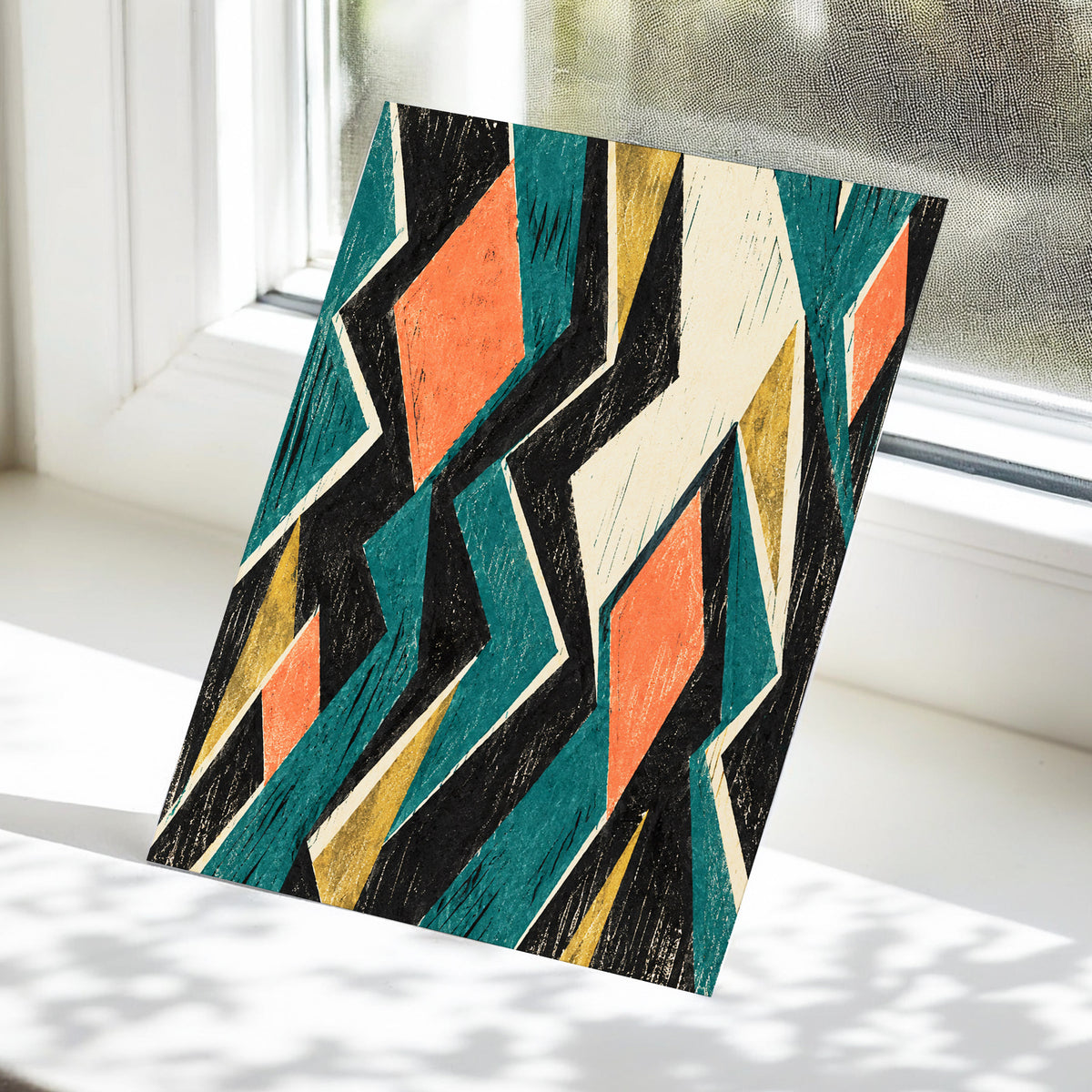 Zigzag Reverie, black, blue, beige abstract wall art displayed in a styled interior, gallery view 5