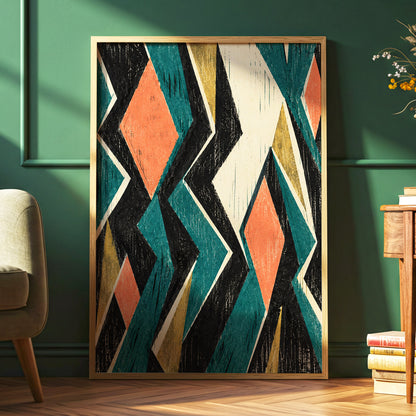 Zigzag Reverie, black, blue, beige abstract wall art displayed in a styled interior, gallery view 6