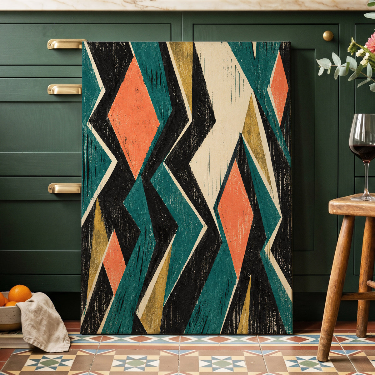 Zigzag Reverie, black, blue, beige abstract wall art displayed in a styled interior, gallery view 7