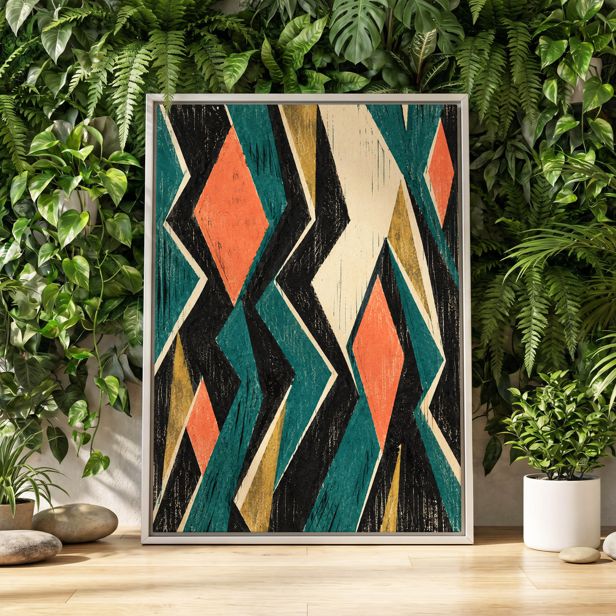 Zigzag Reverie, black, blue, beige abstract wall art displayed in a styled interior, gallery view 8