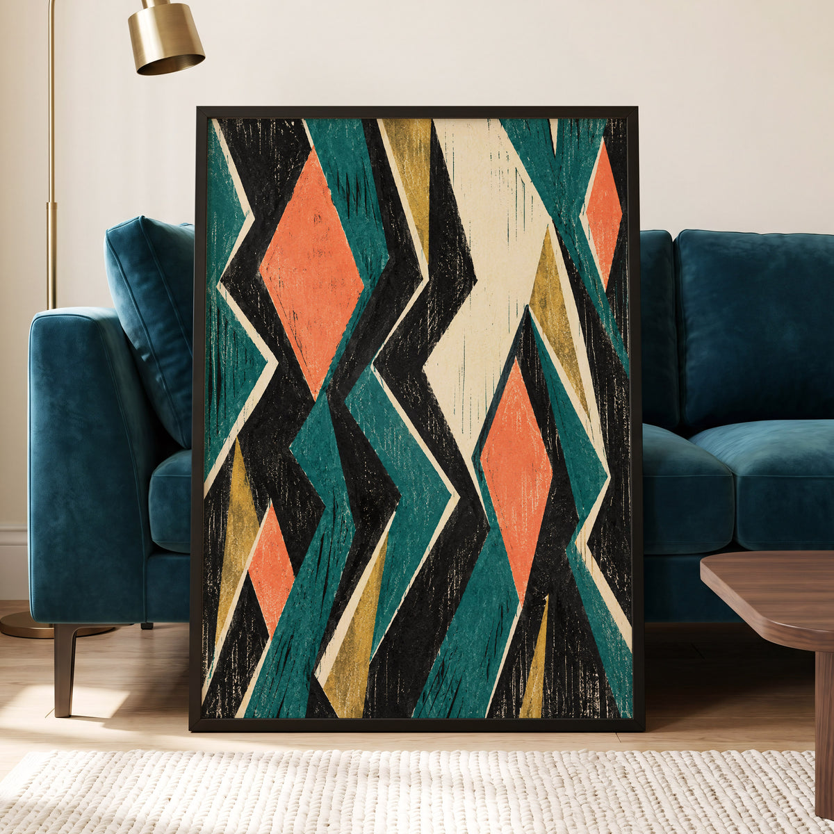 Zigzag Reverie, black, blue, beige abstract wall art displayed in a styled interior, gallery view 9