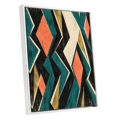 Zigzag Reverie, black, blue, beige abstract wall art shown as a white framed canvas wall art