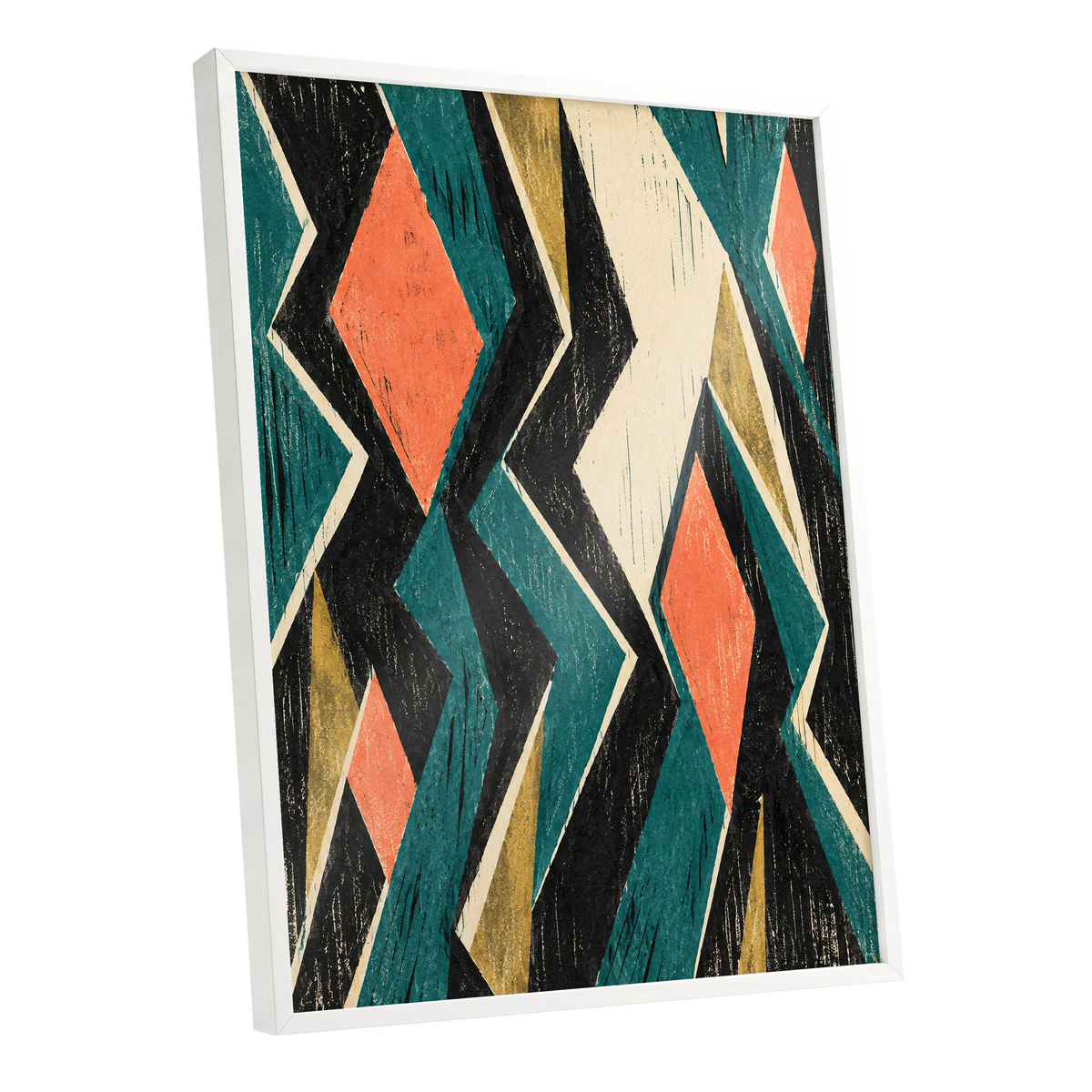 Zigzag Reverie, black, blue, beige abstract wall art shown as a white framed poster wall art print