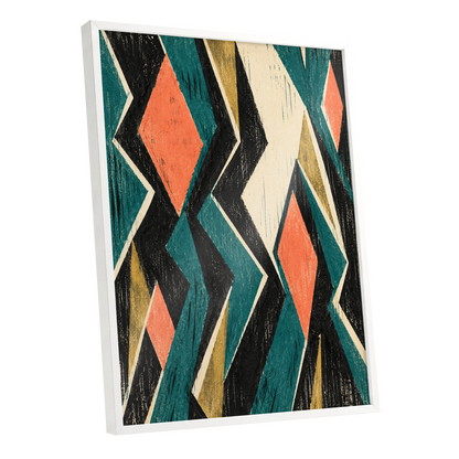 Zigzag Reverie, black, blue, beige abstract wall art shown as a white framed poster wall art print