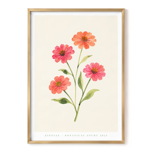 Zinnia Garden Study, pink, green, beige floral wall art, front artwork view