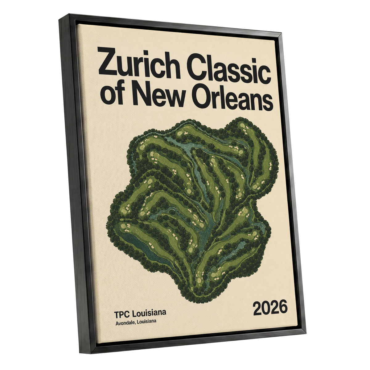 Zurich Fairways, green, beige, black nature wall art shown as a black framed canvas wall art