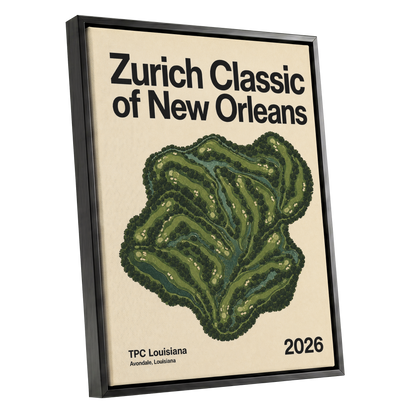 Zurich Fairways, green, beige, black nature wall art shown as a black framed canvas wall art