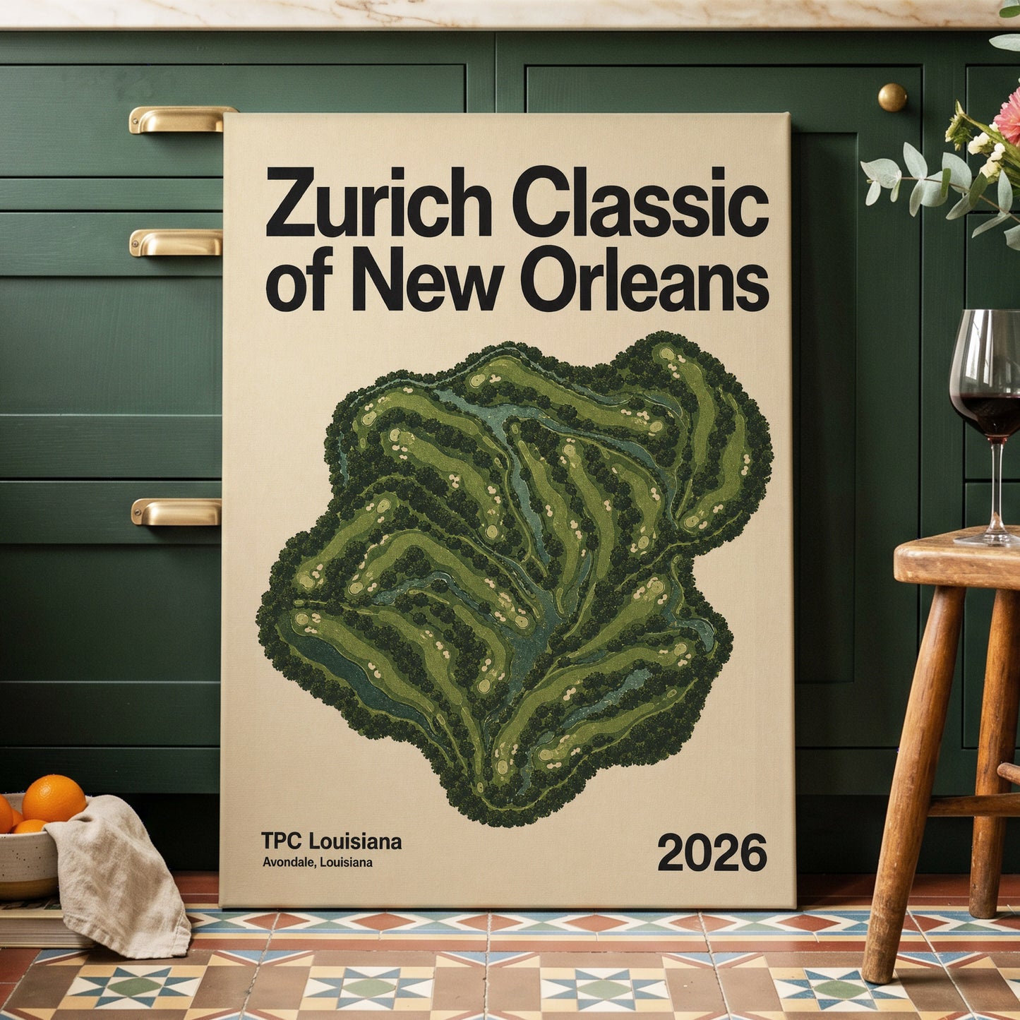 Zurich Fairways, green, beige, black nature wall art on canvas displayed in a styled interior, gallery view 1