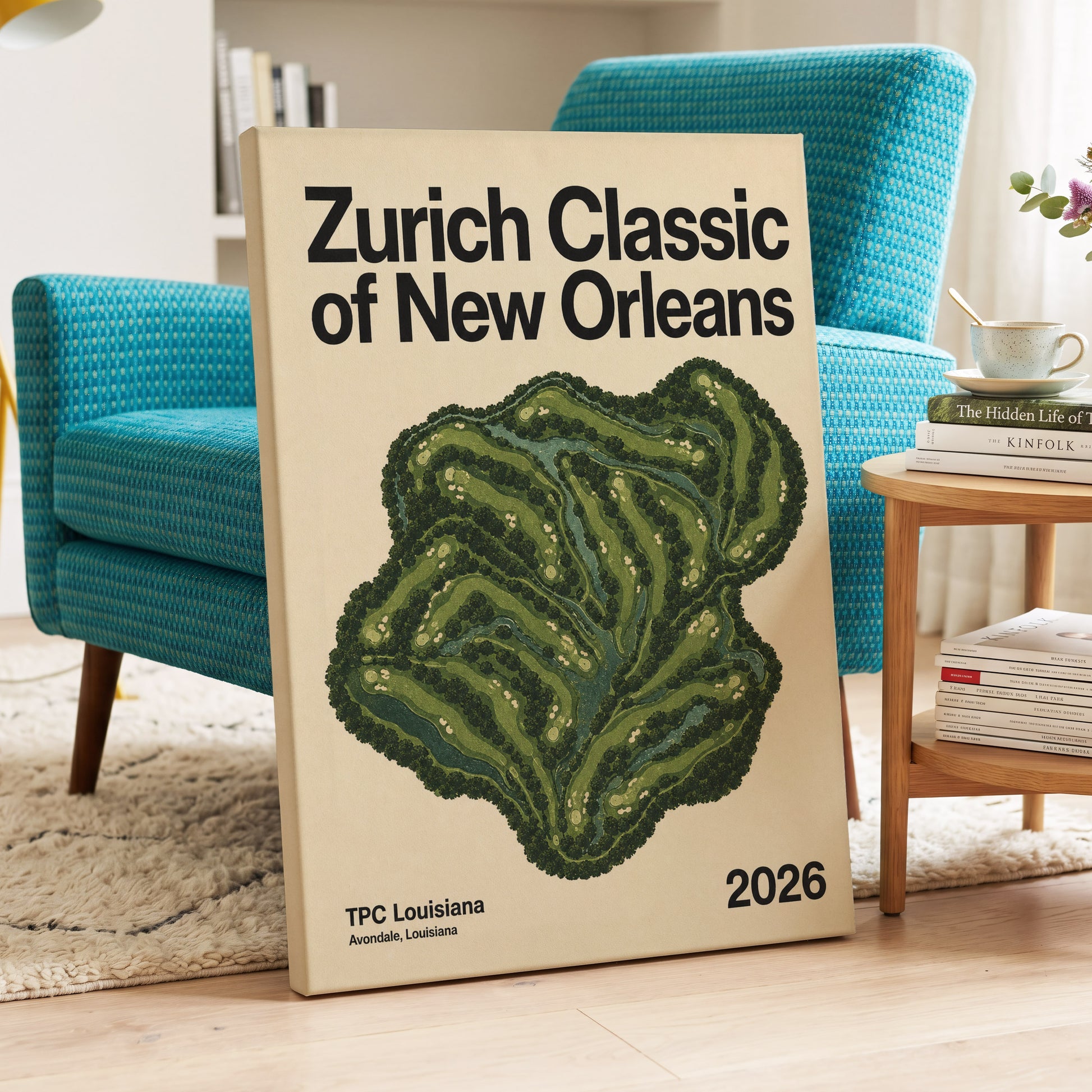 Zurich Fairways, green, beige, black nature wall art on canvas displayed in a styled interior, gallery view 2