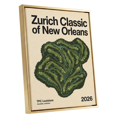 Zurich Fairways, green, beige, black nature wall art shown as a gold framed canvas wall art