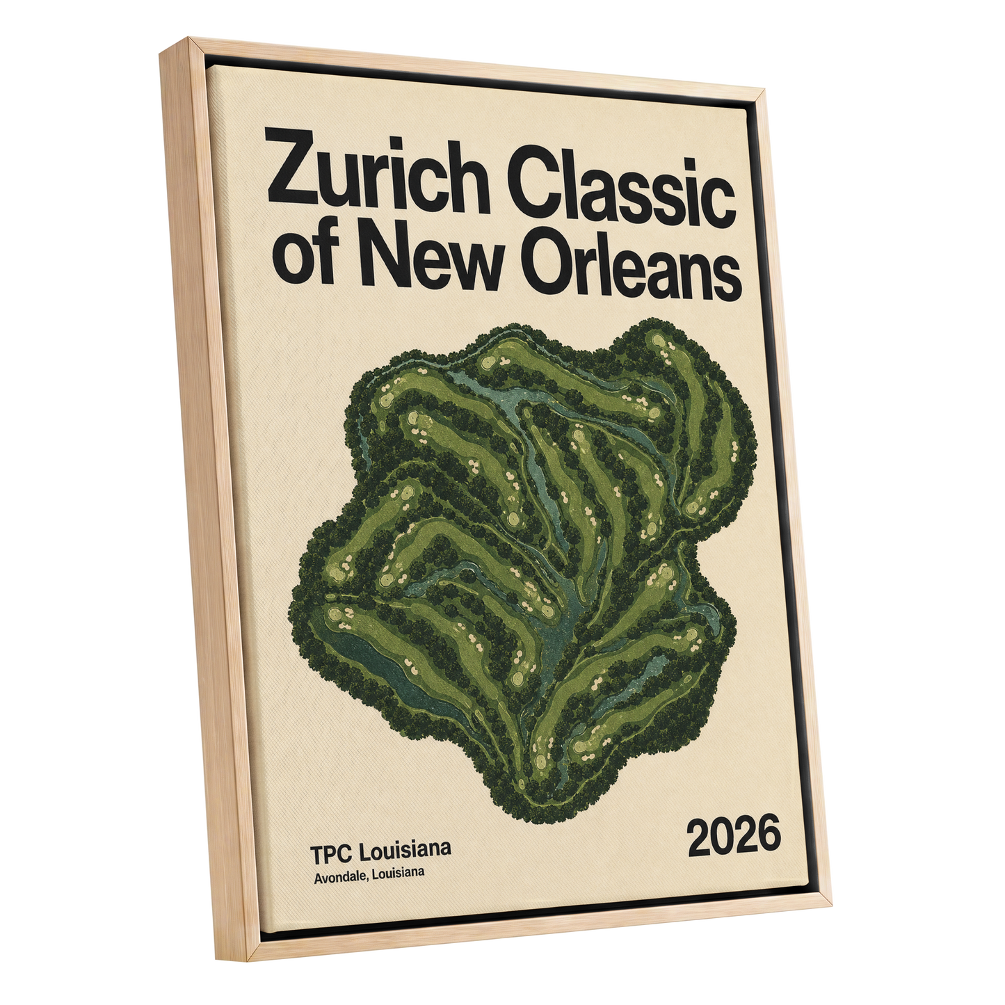Zurich Fairways, green, beige, black nature wall art shown as a oak framed canvas wall art
