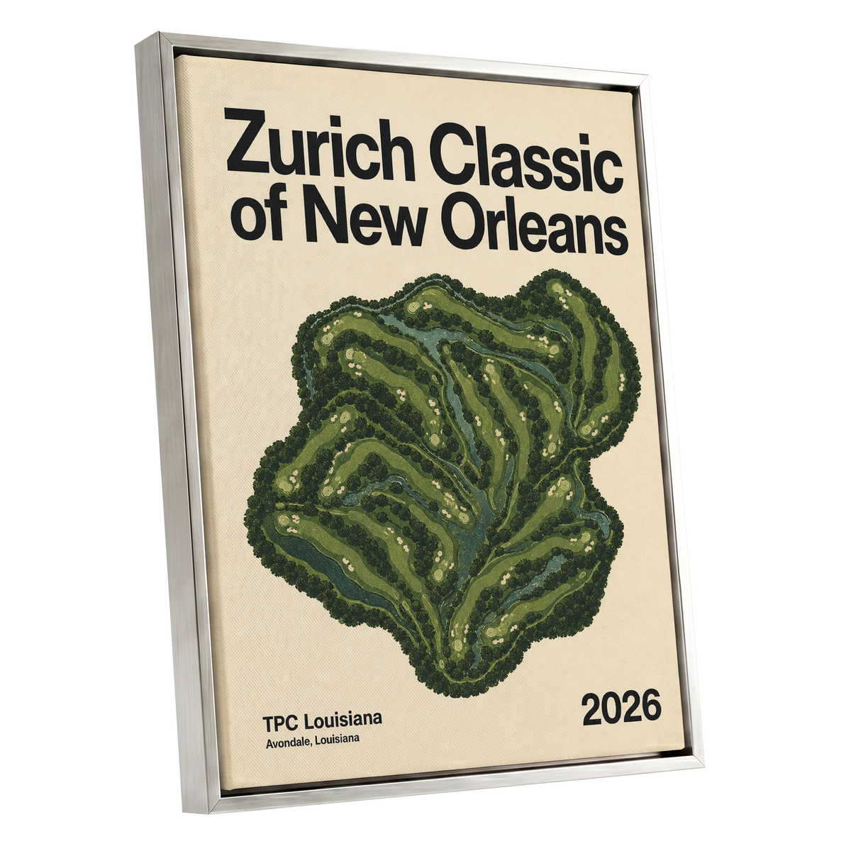Zurich Fairways, green, beige, black nature wall art shown as a silver framed canvas wall art