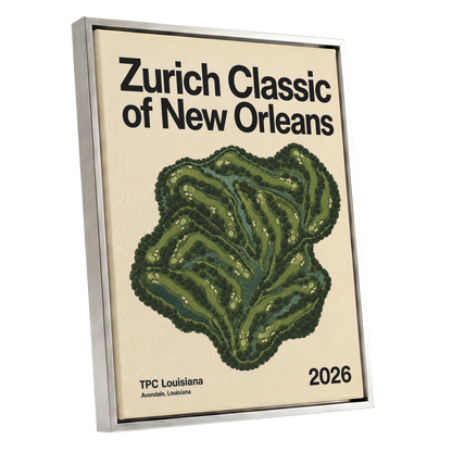 Zurich Fairways, green, beige, black nature wall art shown as a silver framed canvas wall art