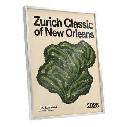 Zurich Fairways, green, beige, black nature wall art shown as a silver framed poster wall art print