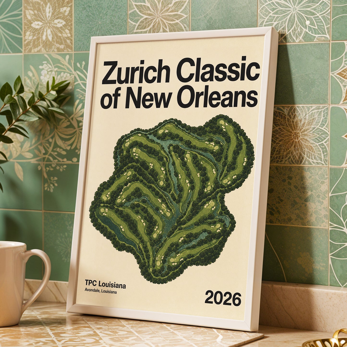 Zurich Fairways, green, beige, black nature wall art displayed in a styled interior, gallery view 2
