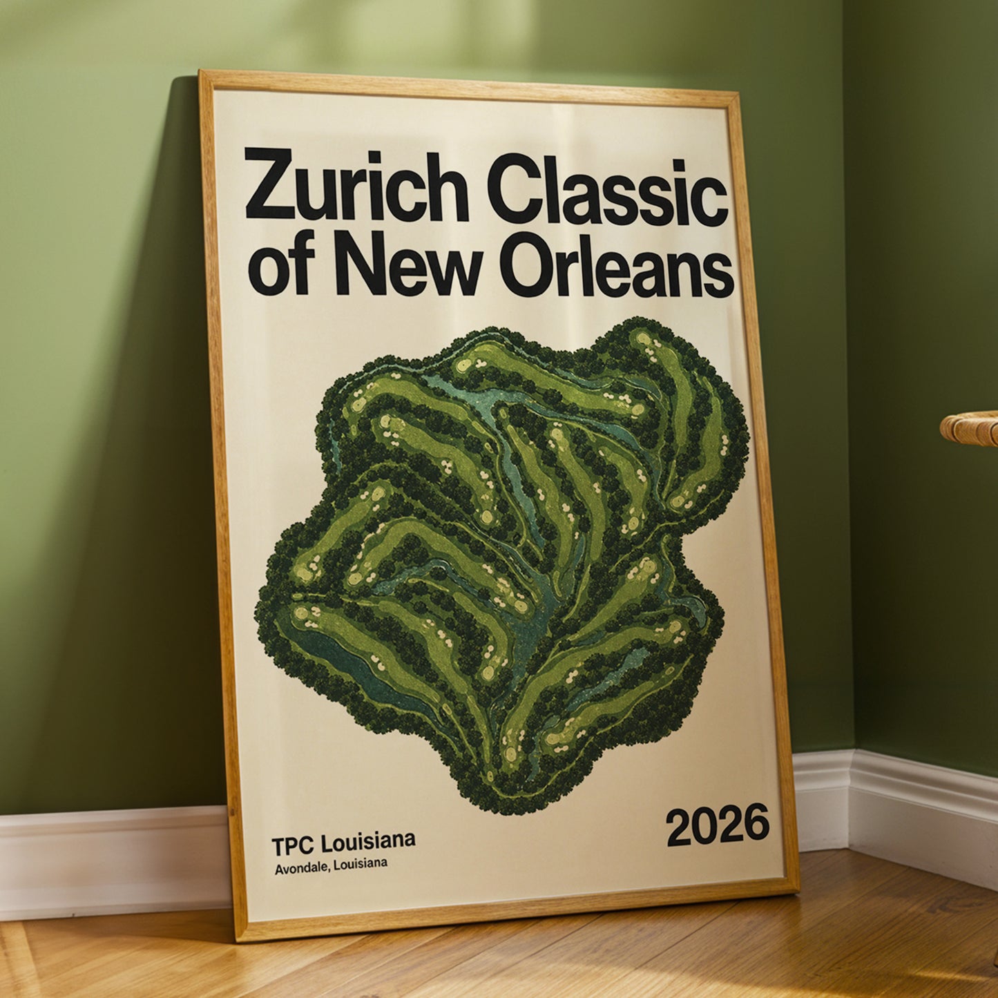 Zurich Fairways, green, beige, black nature wall art displayed in a styled interior, gallery view 3