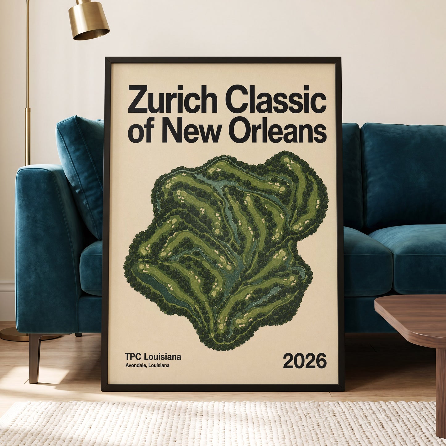 Zurich Fairways, green, beige, black nature wall art displayed in a styled interior, gallery view 5