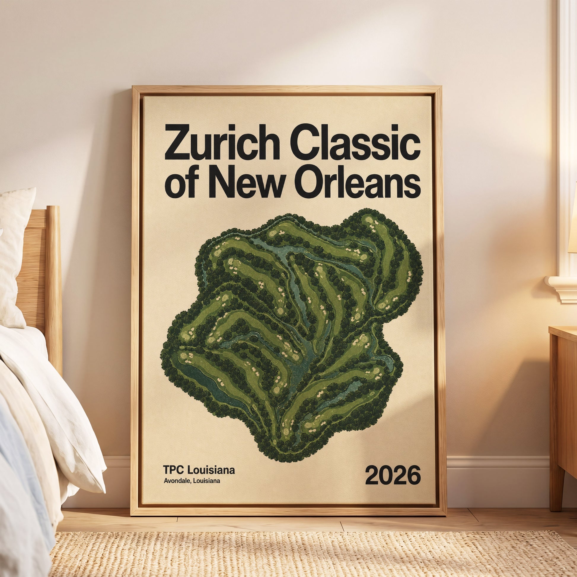 Zurich Fairways, green, beige, black nature wall art displayed in a styled interior, gallery view 6