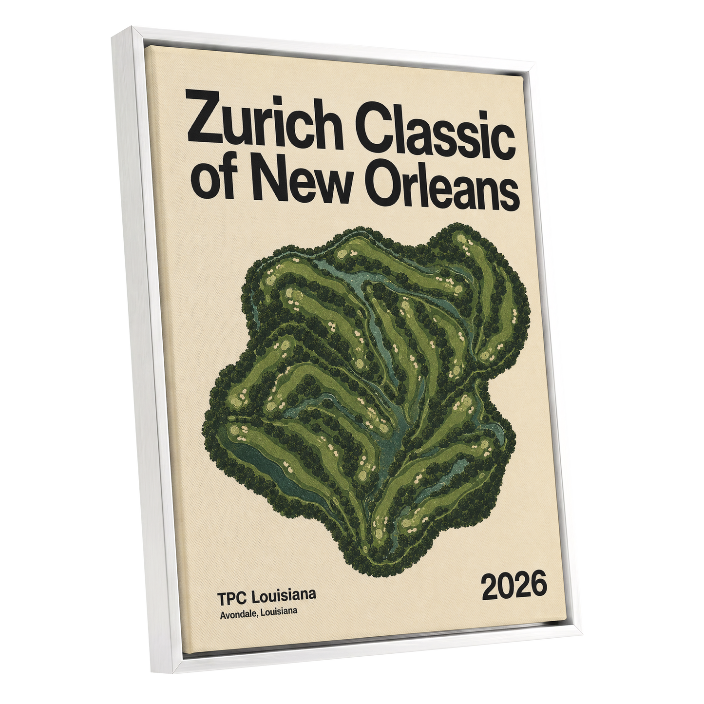 Zurich Fairways, green, beige, black nature wall art shown as a white framed canvas wall art