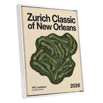 Zurich Fairways, green, beige, black nature wall art shown as a white framed canvas wall art
