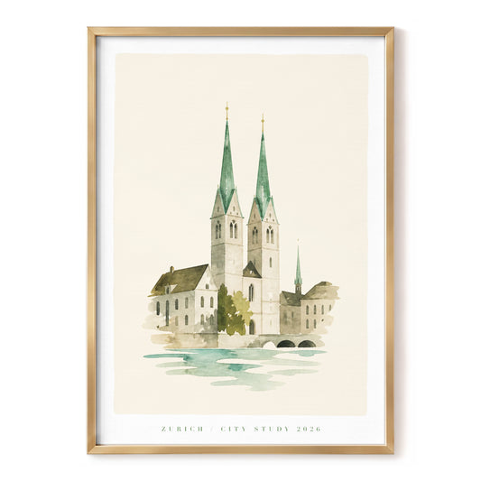 Zurich Twin Spires, green, beige, white minimalist wall art, front artwork view