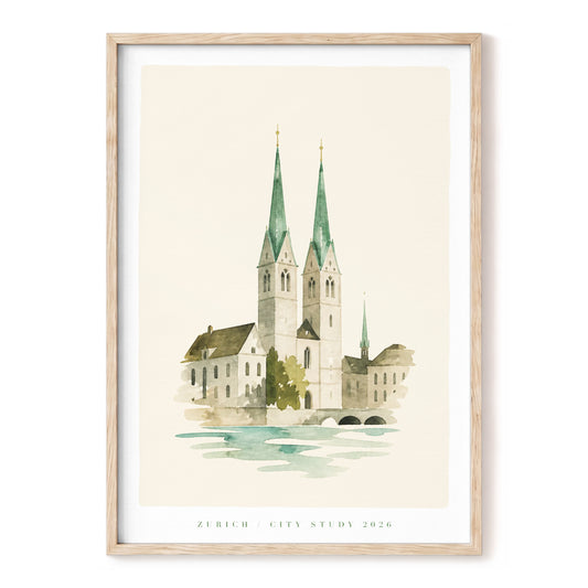 Zurich Twin Spires, green, beige, white minimalist wall art, front artwork view